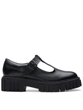 Clarks Page Bar Flat Shoe - Black Leather