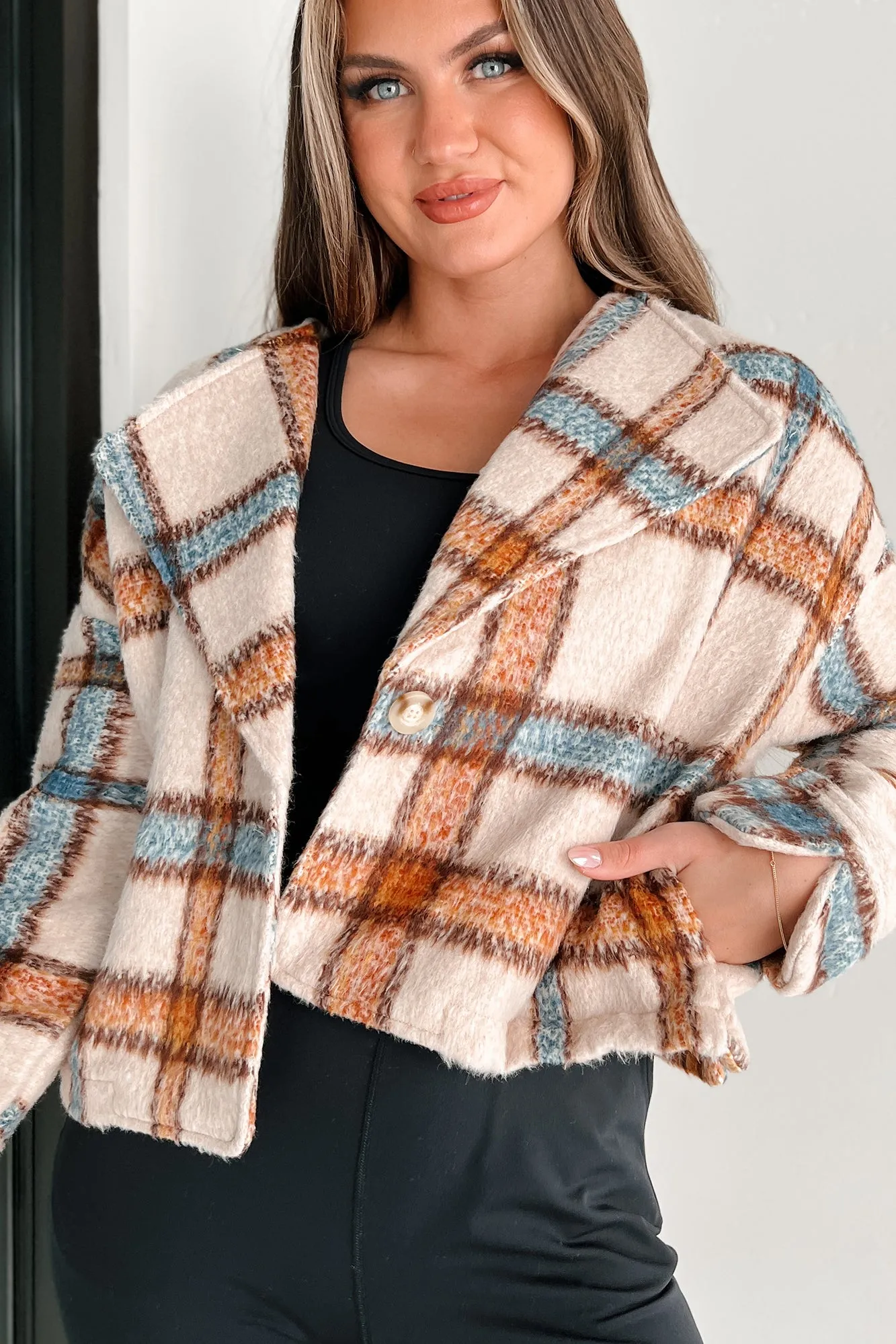 I'm Running Point Plaid Crop Jacket (Taupe)