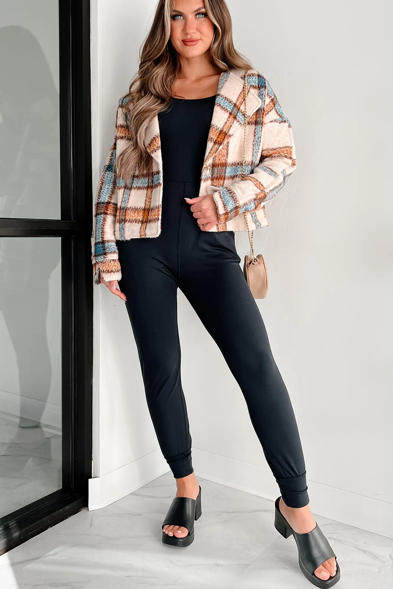 I'm Running Point Plaid Crop Jacket (Taupe)