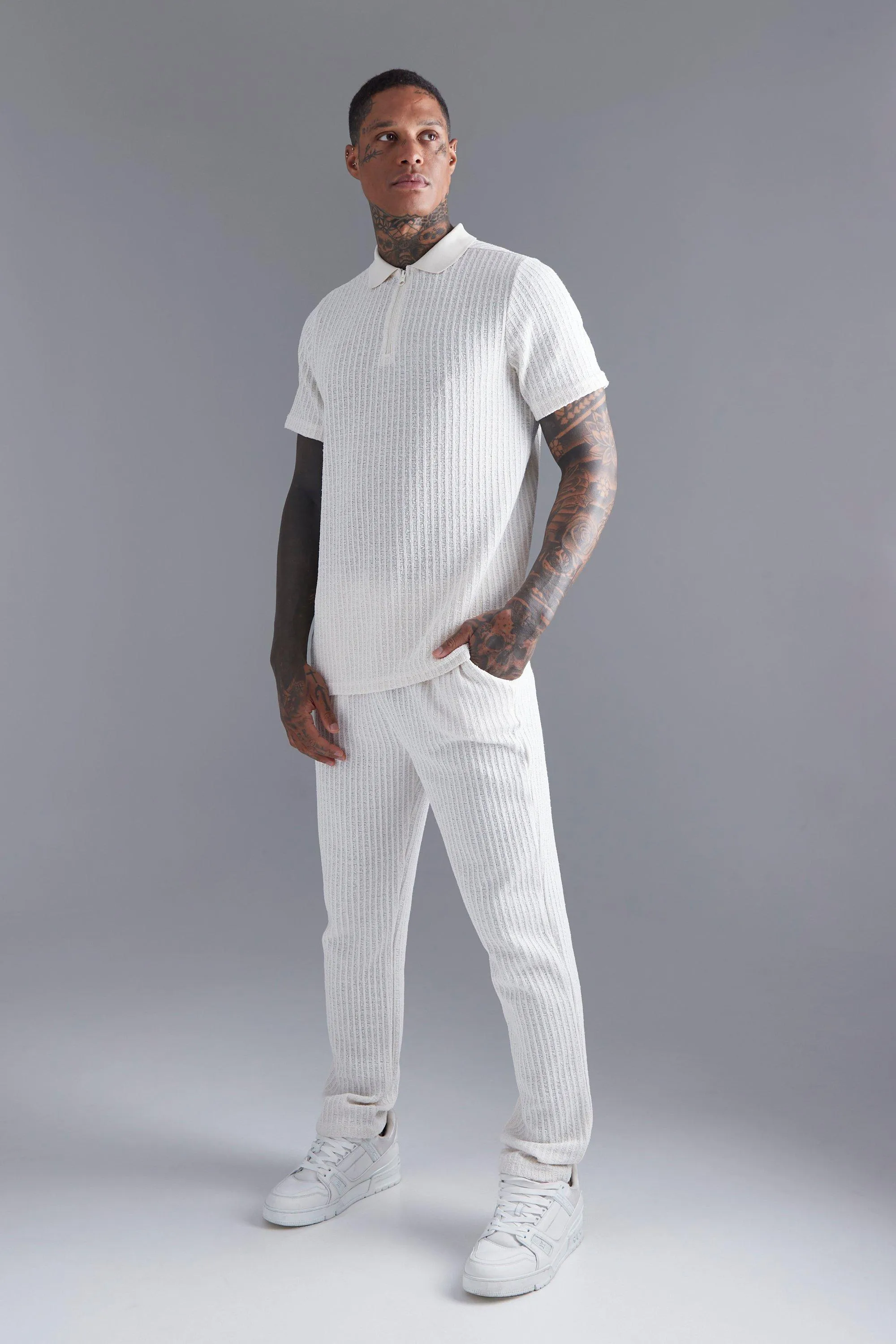 Textured Zip Polo | boohooMAN UK