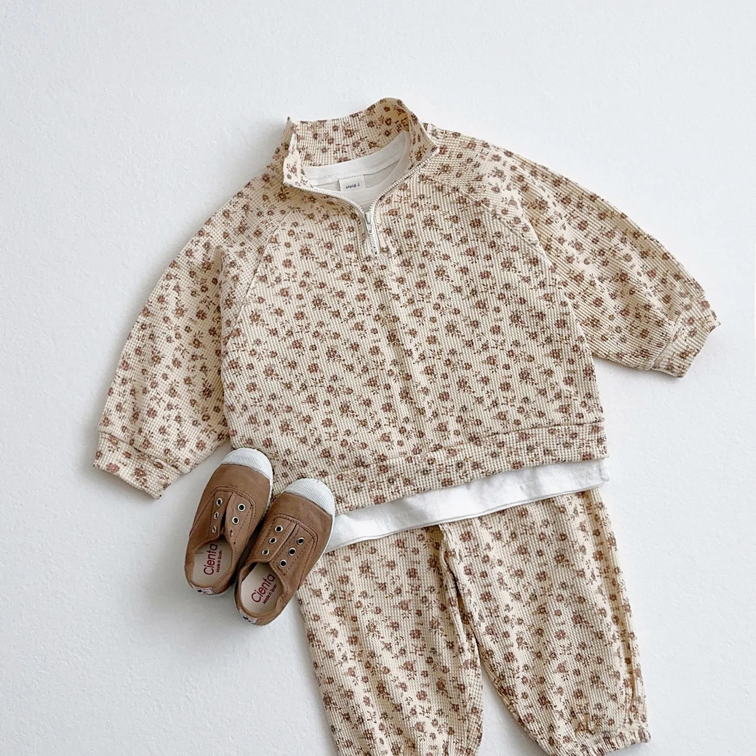 Toddler Waffle Floral Print Half-Zip Pullover and Jogger Patens Set (1-6y)