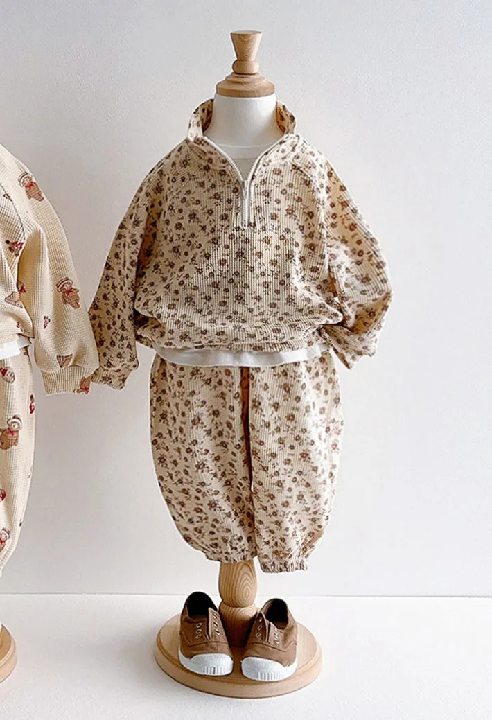 Toddler Waffle Floral Print Half-Zip Pullover and Jogger Patens Set (1-6y)