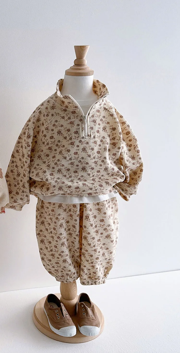 Toddler Waffle Floral Print Half-Zip Pullover and Jogger Patens Set (1-6y)