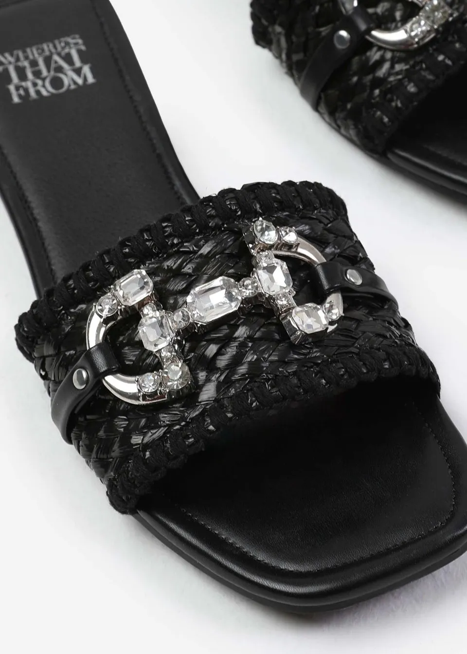 Where's That From Align Jewel Detail Flat Sandals Black Raffia