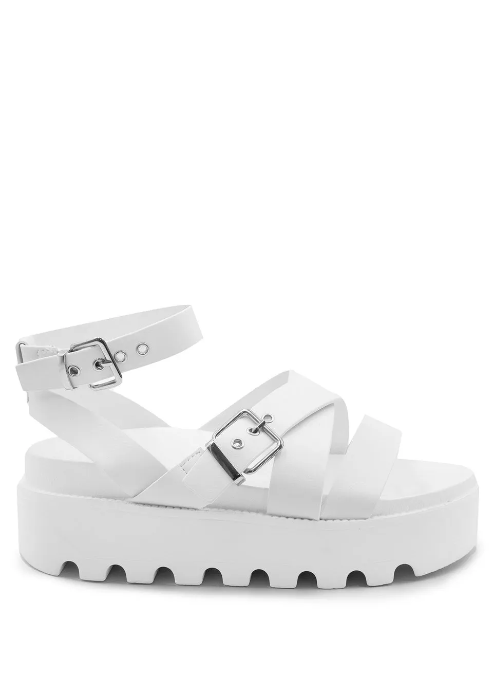 Where's That From White Pu Layla Buckle Strap Platform Sandals