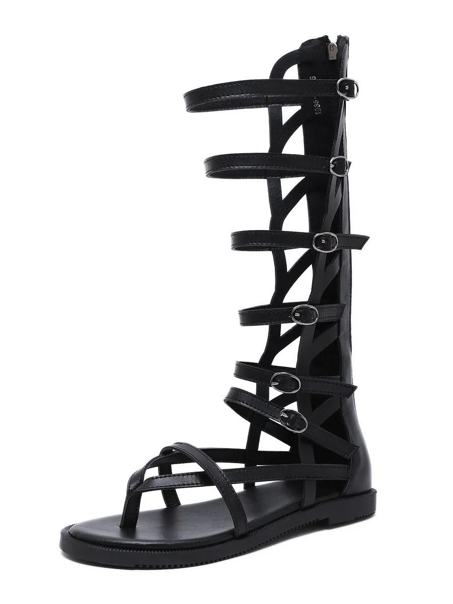 Women's Buckles Mid Caif Gladiator Sandals in Black Vegan Leather